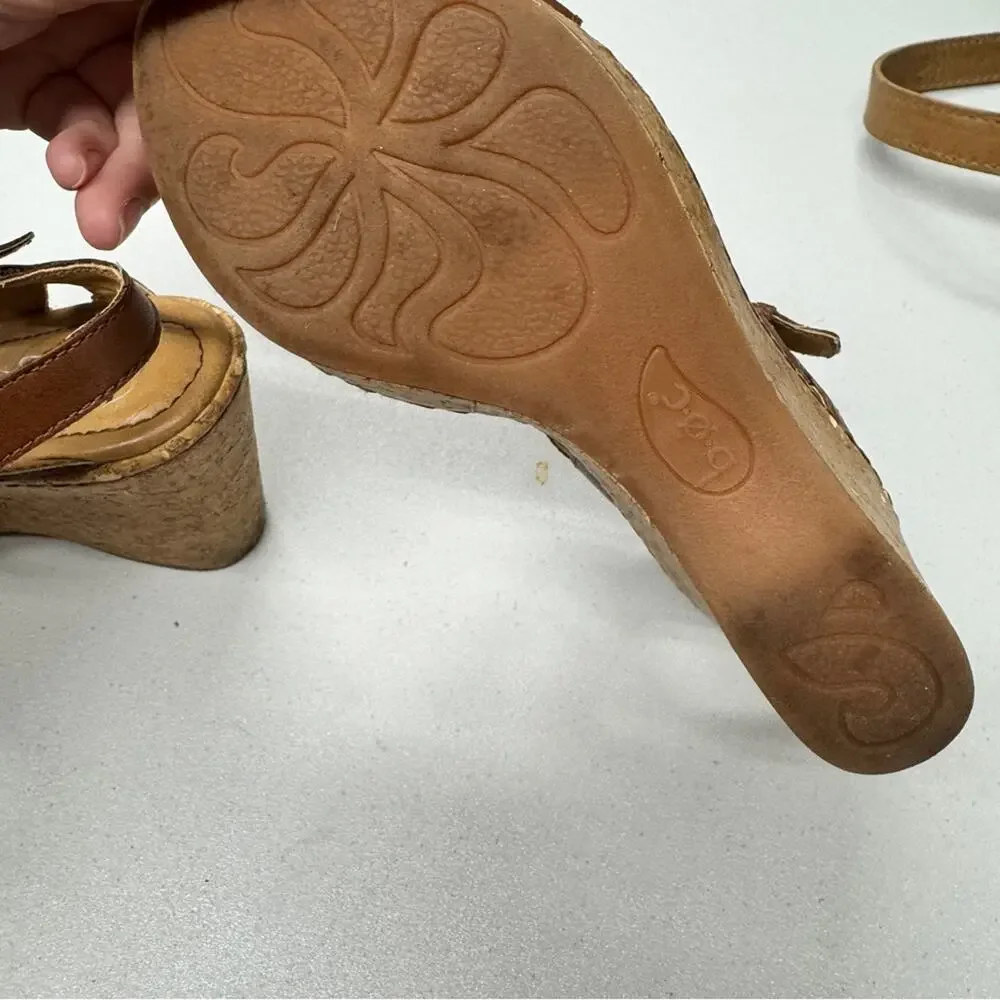 B.O.C. Brown Leather Strappy Cork Wedge Sandals Womens 6 Beachy Strappy Heels